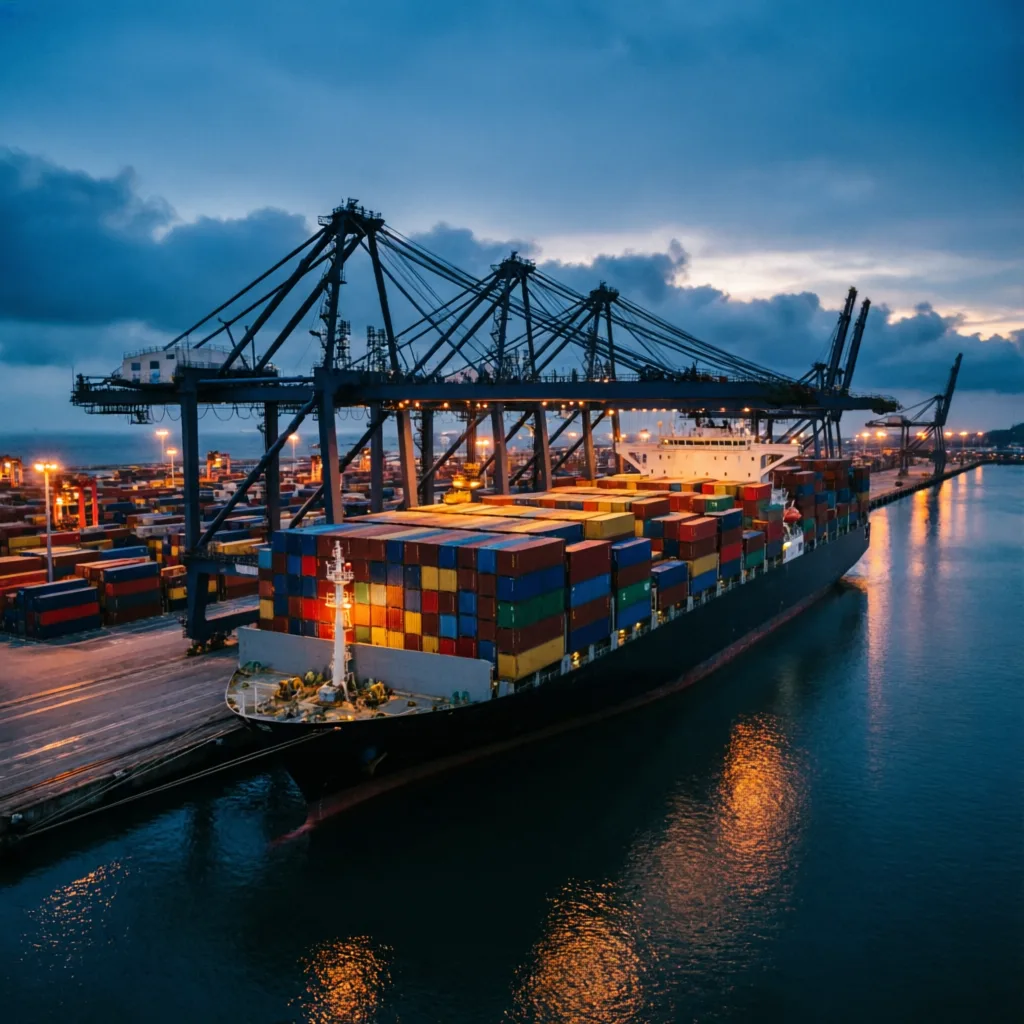 Port de conteneurs au crépuscule